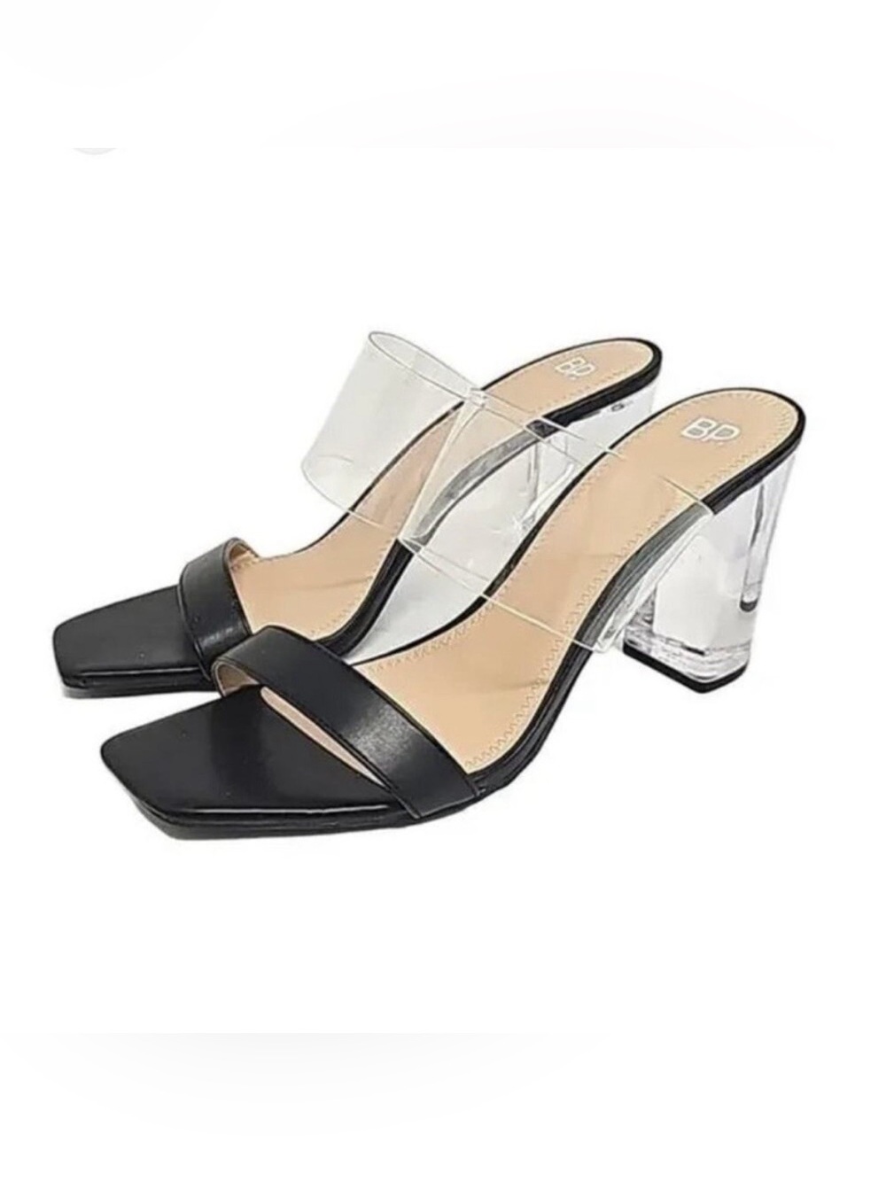 BP Naomi Nola Clear block Heel Sandals Black Women Size 9.5 square toe acrylic